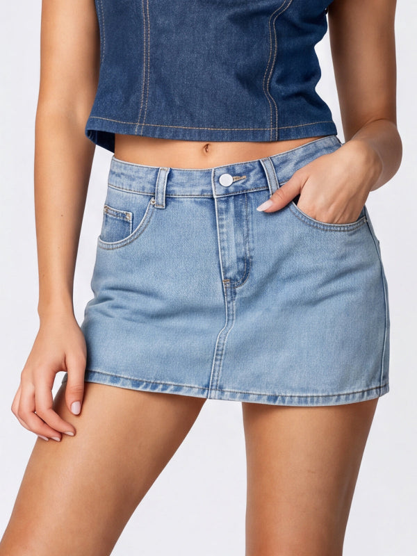 Mid Rise Summer Denim Mini Skirt with Undershorts