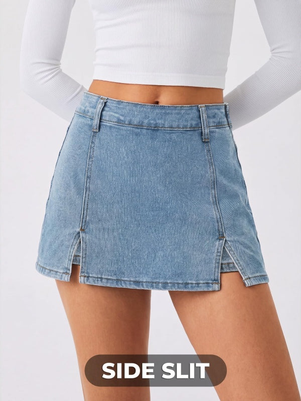 Mid Waisted Side Zipper Denim Skort