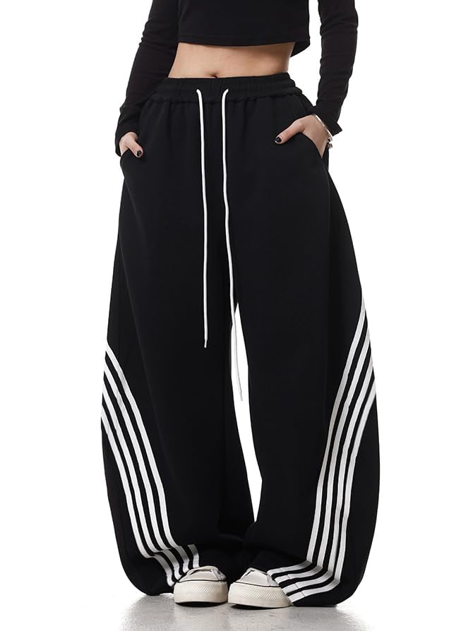 EMMIOL Women's Y2K Striped Baggy Sweatpants, High Waisted Wide Leg Casual Joggers with Drawstring Waist and Cuffs