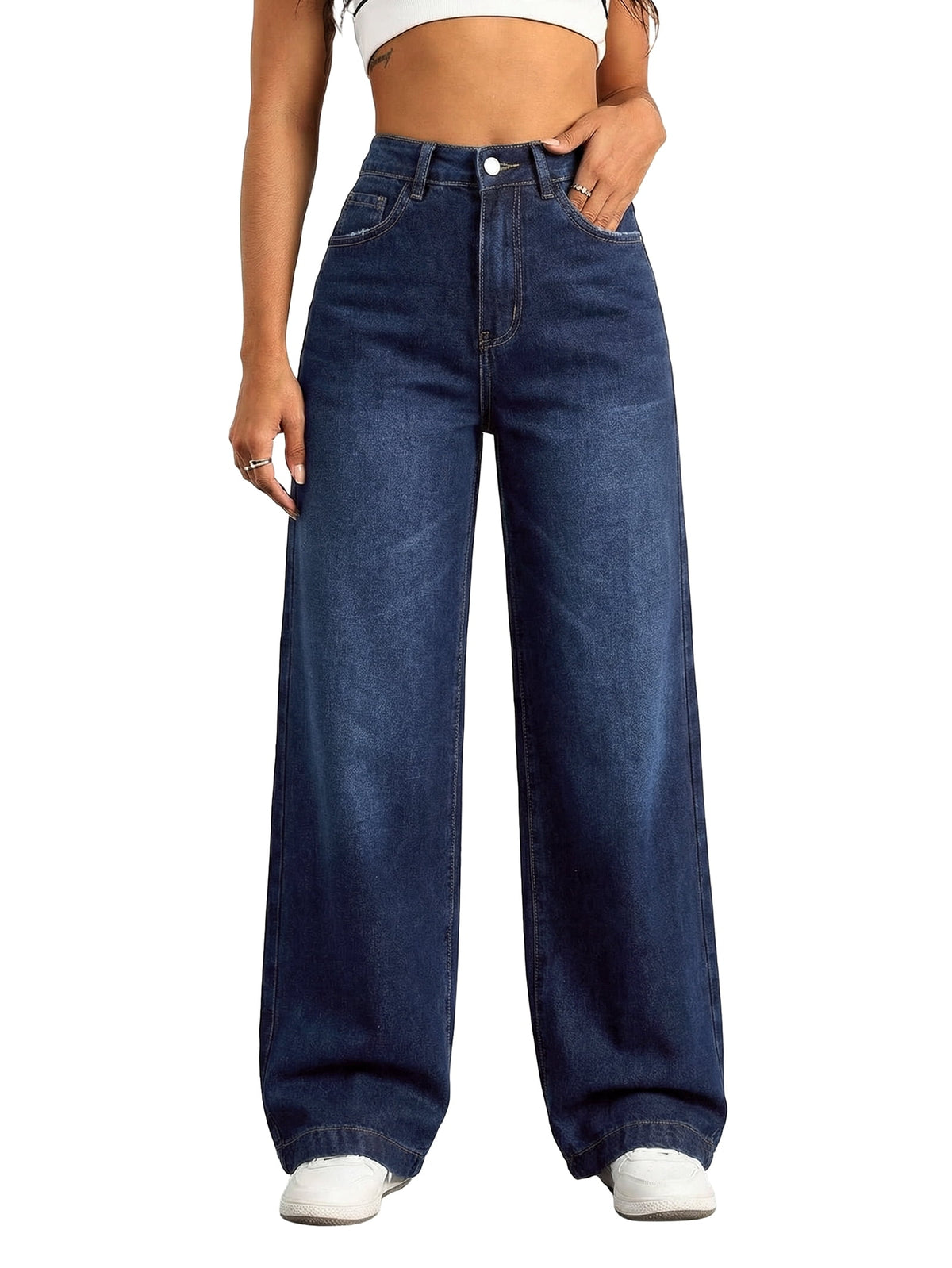 EMMIOL Women's Wide Leg Baggy Jeans Mid Rise Butt Lifting Stretchy Denim Pants Back Patchwork Boyfriend Jeans