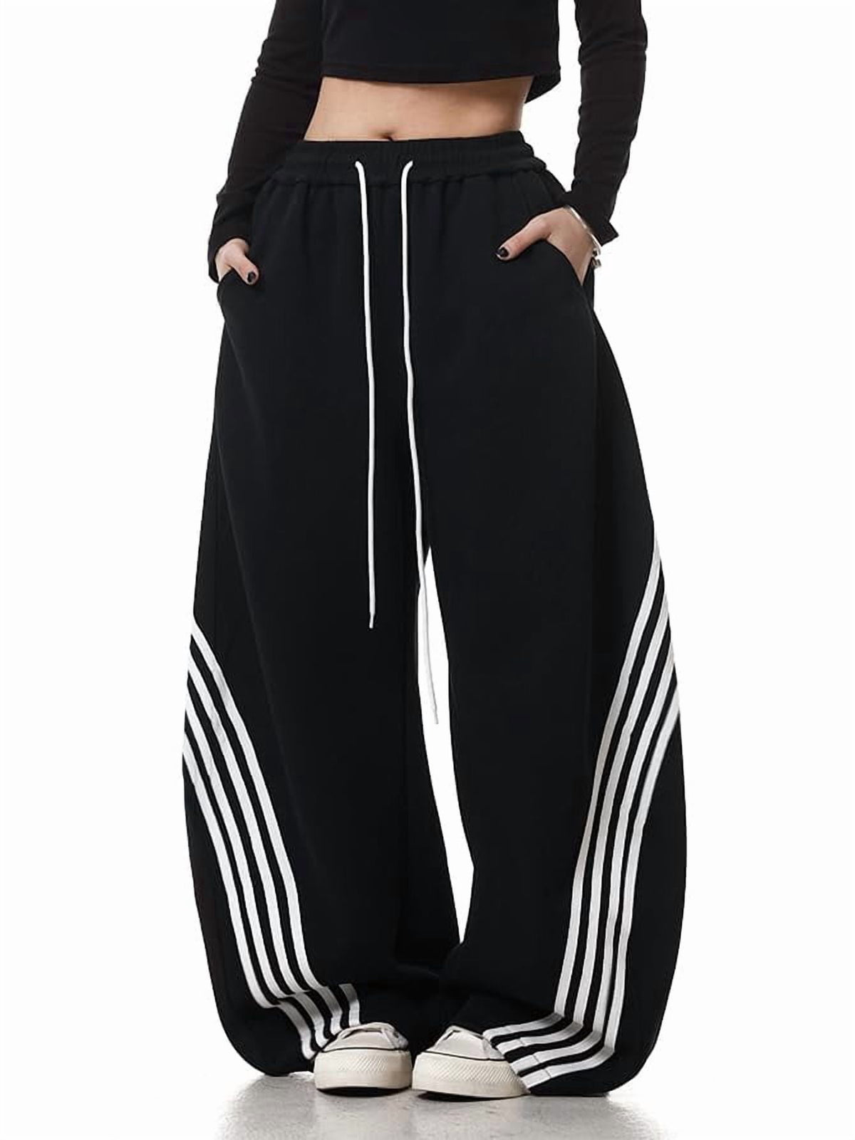EMMIOL Women's Y2K Striped Baggy Sweatpants, High Waisted Wide Leg Casual Joggers with Drawstring Waist and Cuffs
