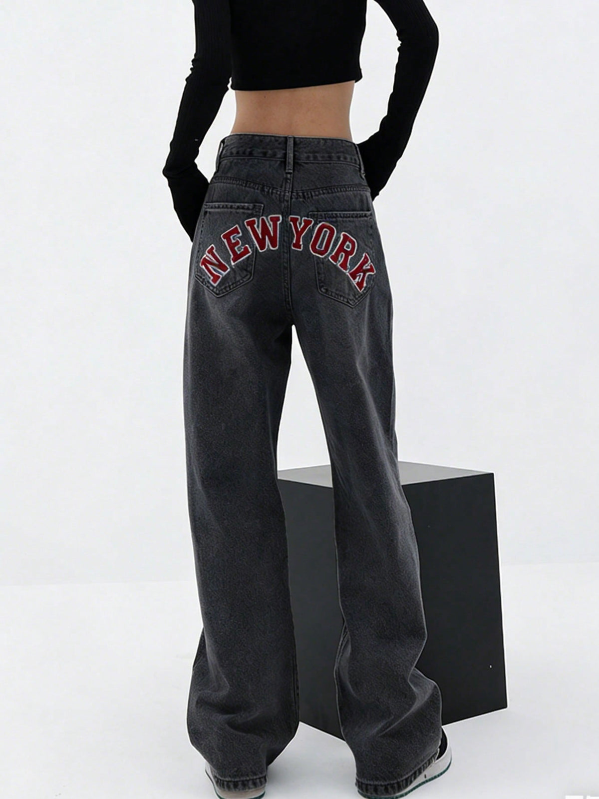 EMMIOL Women's NEW YORK Letter Print Baggy Boyfriend Jeans, High Rise Dark Wash Wide Leg Vintage Y2K Denim Pants Suitable for Independence Day