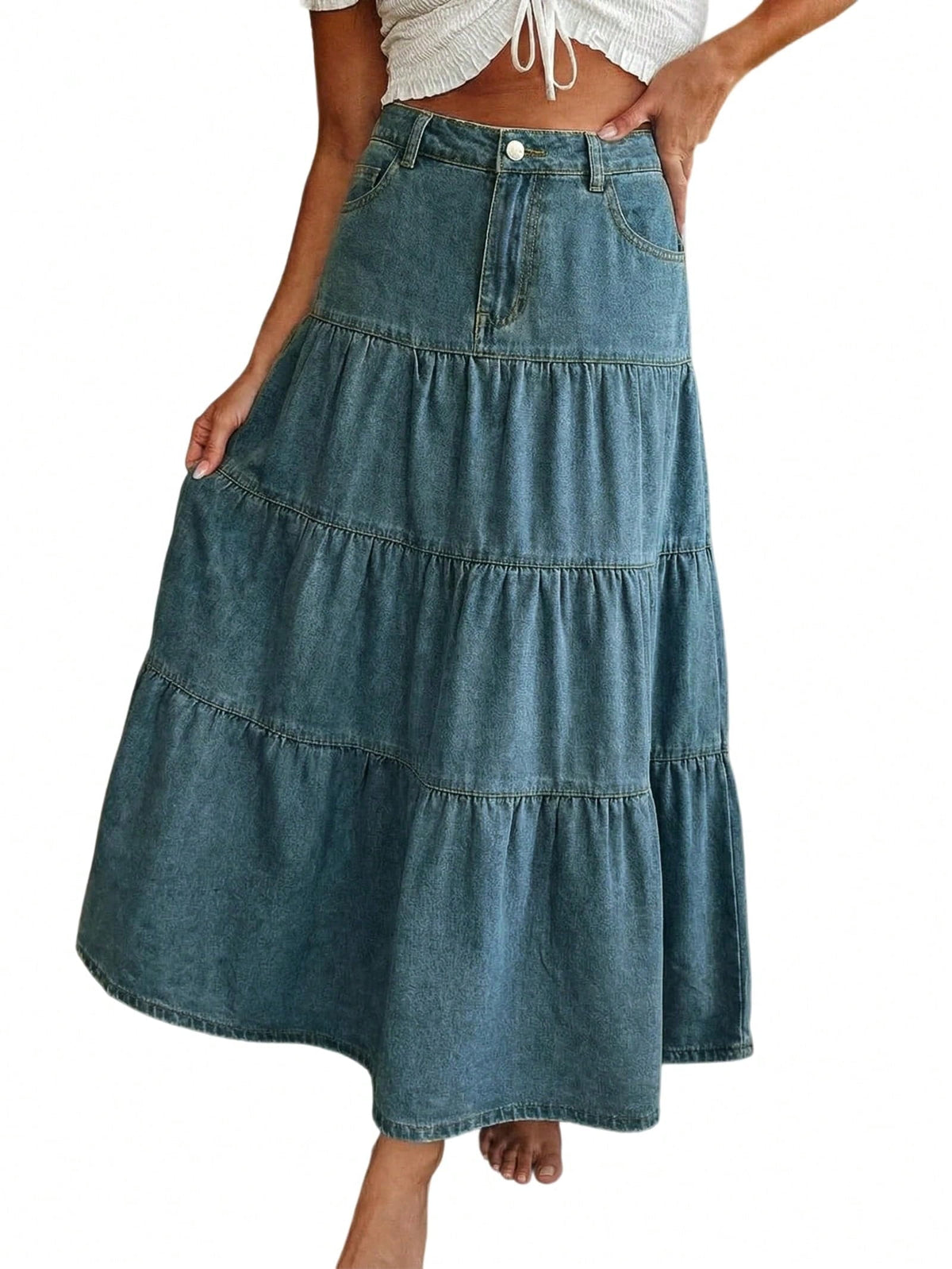 EMMIOL Women's High Waisted Tiered Denim Maxi Skirt Vintage A-Line Swing Jean Skirt with Pockets Casual Boho Style