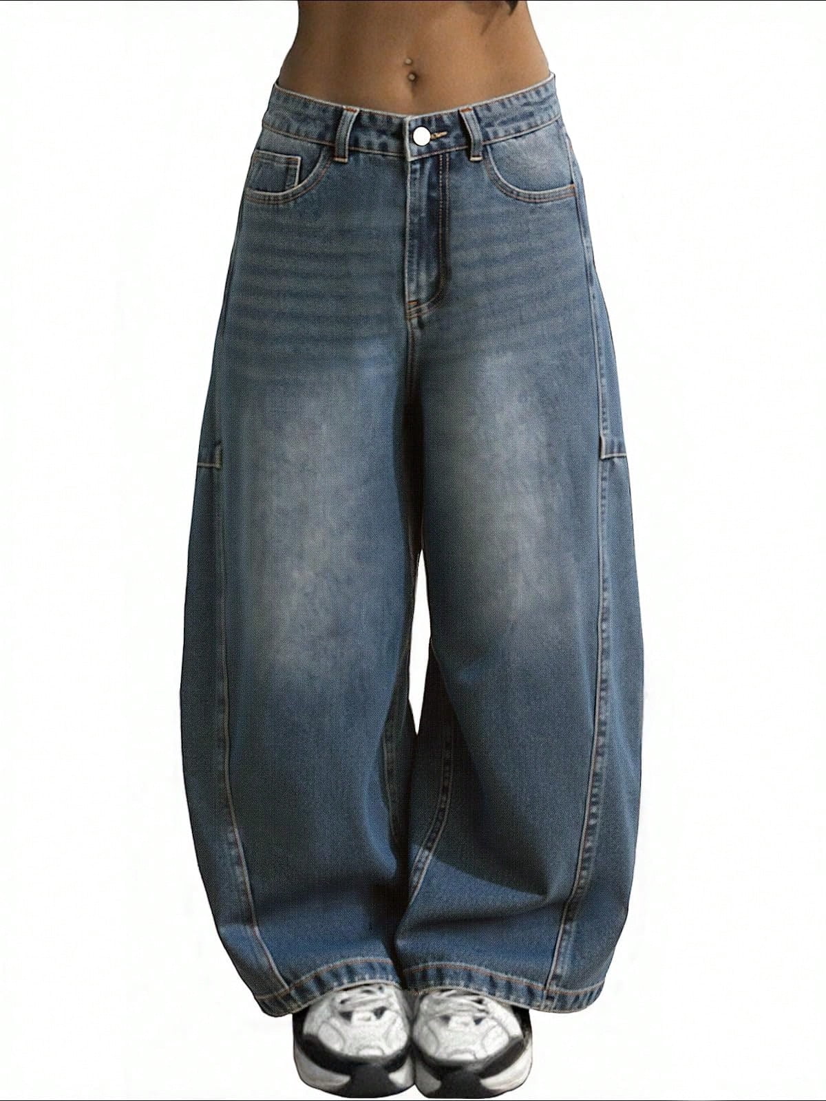 EMMIOL Women Hip Hop Baggy Jeans Wide Leg Mid-Low Waist Jeans Loose Boyfriends Jeans 90s Vintage Denim Pants Barrel Jeans