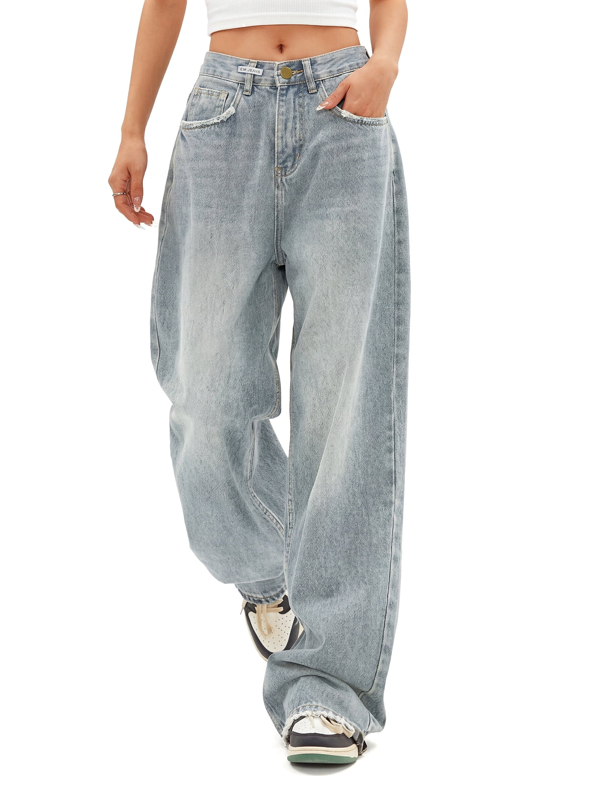 EMMIOL Women's Y2K Barrel Baggy Jeans Stretch High Waist Wide Leg Jeans Vintage Boyfriend Denim Pants