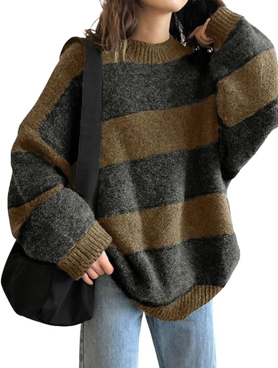 EMMIOL Women's Oversized Stripe Sweater 2026 Spring Y2K Trendy Crewneck Knit Top,Loose Fit Long Sleeve Pullover