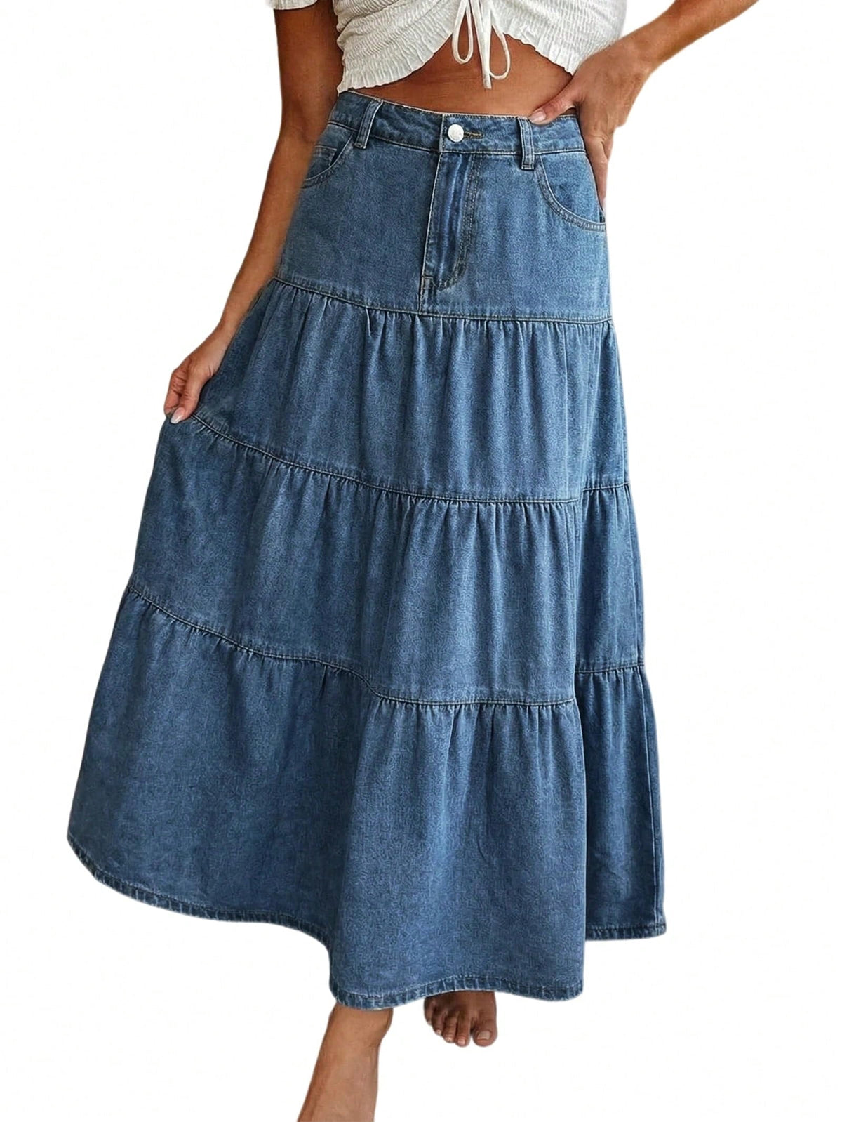 EMMIOL Women's High Waisted Tiered Denim Maxi Skirt Vintage A-Line Swing Jean Skirt with Pockets Casual Boho Style