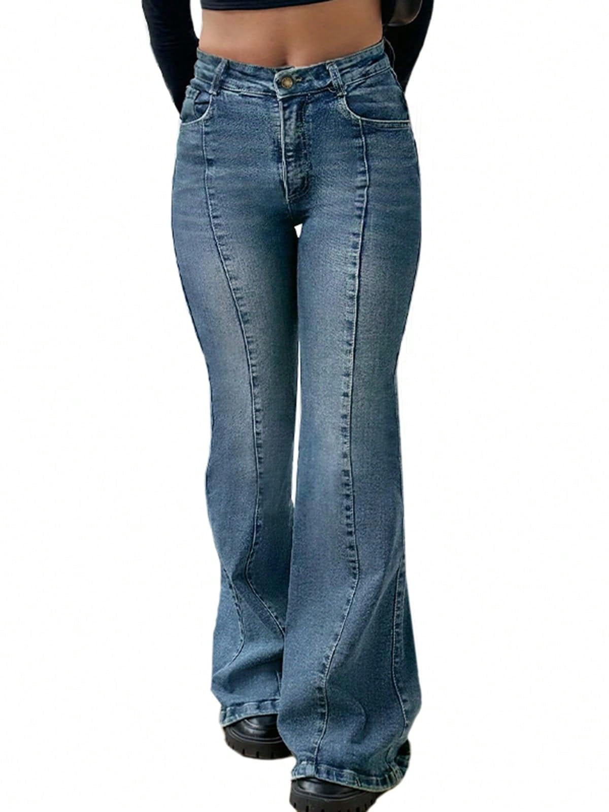 EMMIOL Women's Mid-High Waist Stretchy Flare Bell Bottoms Jeans Y2K Vintage Washed Bootcut Denim Pants for Casual,Streetwear