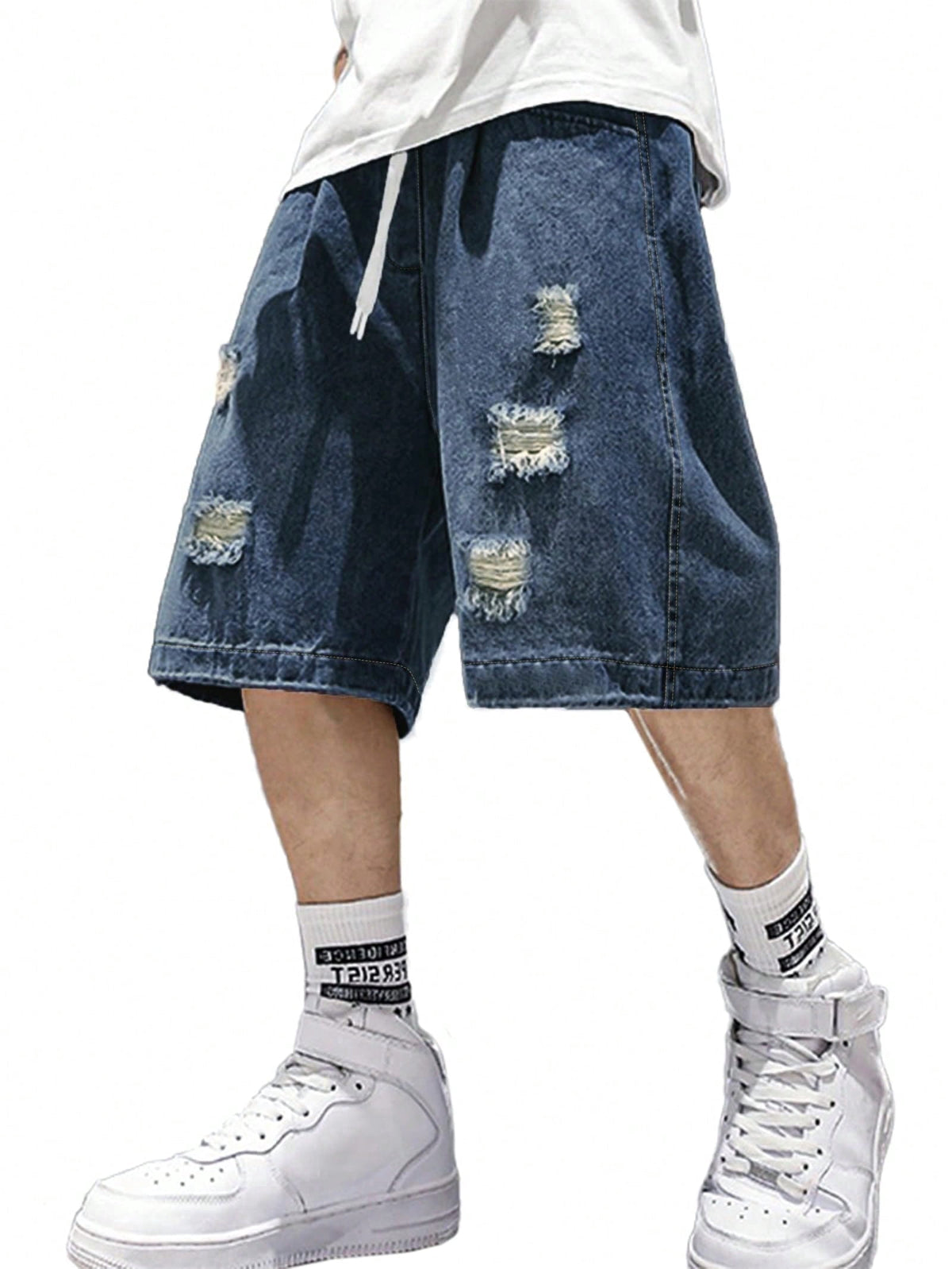 EMMIOL Men's Y2K Vintage Denim Shorts Ripped Distressed Elastic Waist Loose Fit Jean Shorts Summer Streetwear