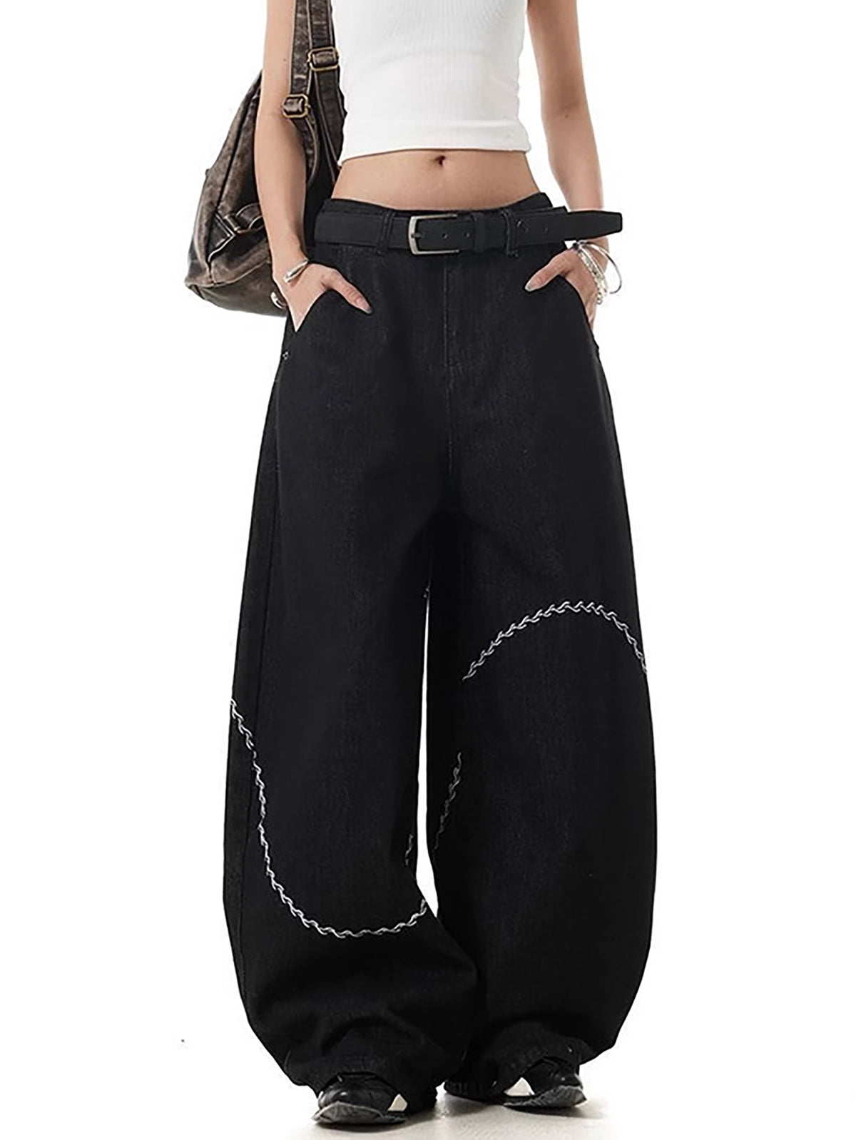 EMMIOL Women's Y2K Streetwear Jeans Black High Waist Baggy Wide Leg Denim Pants with Wave Stitch Embroidery