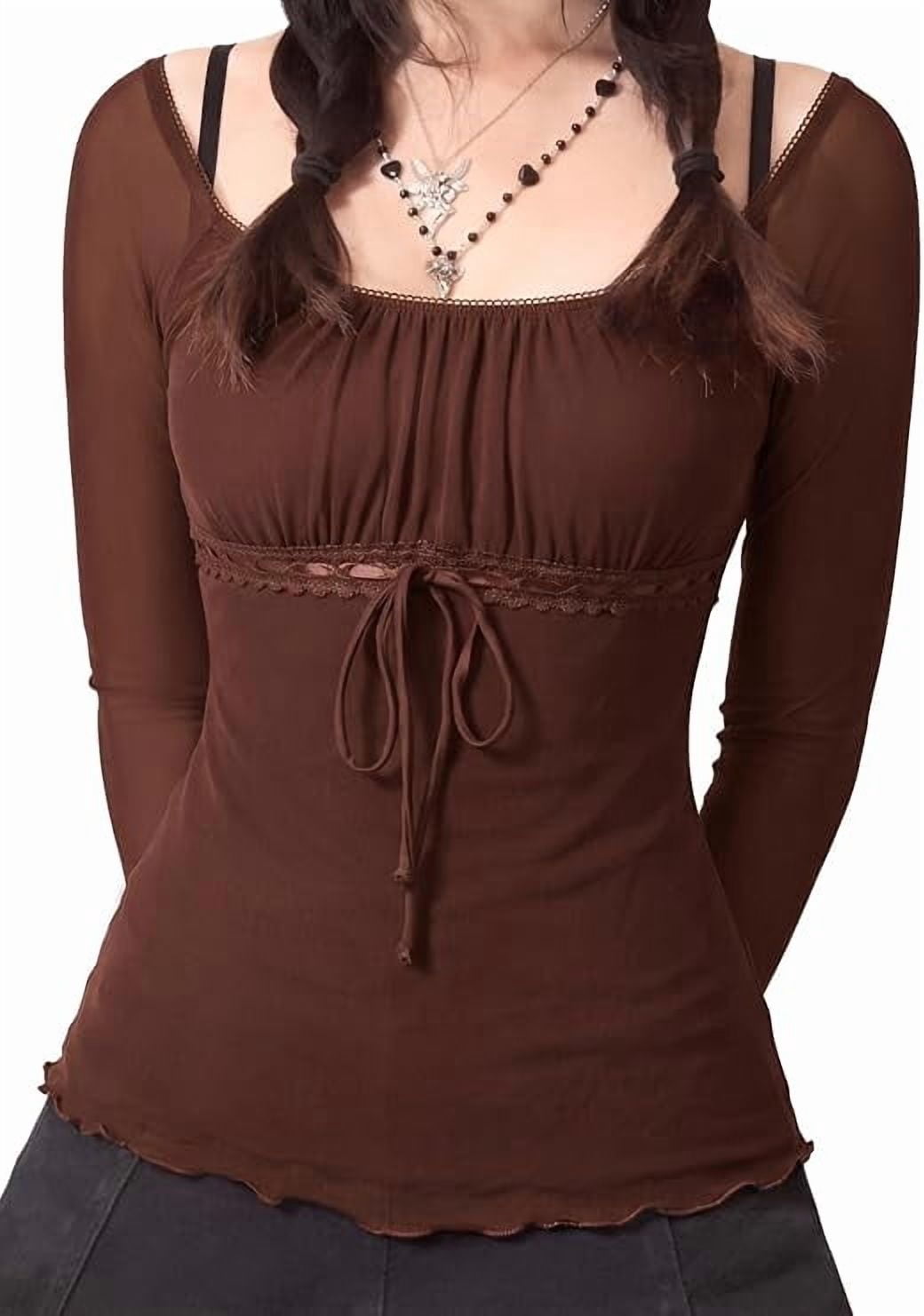 EMMIOL Women's Y2K Off-Shoulder Square Neck Long Sleeve Top with Front Tie, Trendy Slim Fit Spring/Fall Blouse