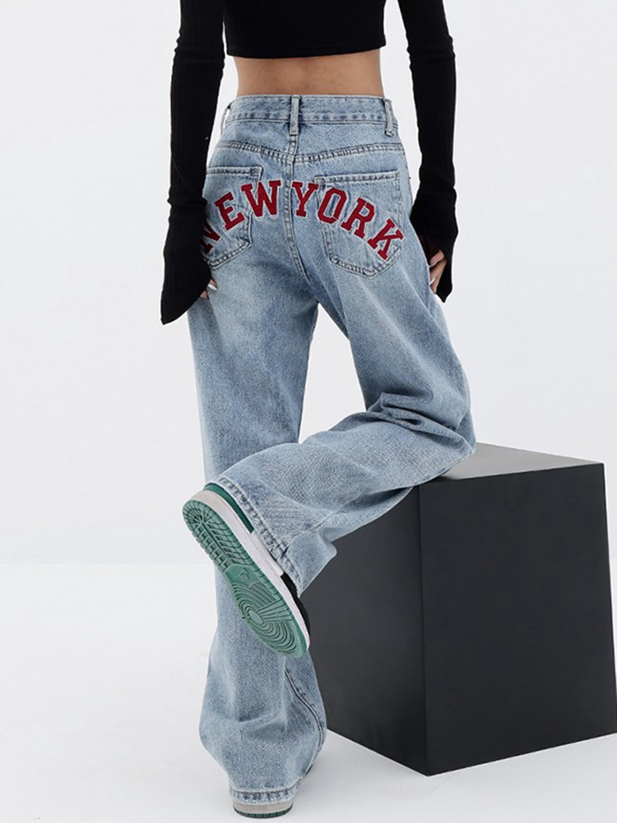 EMMIOL Women's NEW YORK Letter Print Baggy Boyfriend Jeans, High Rise Dark Wash Wide Leg Vintage Y2K Denim Pants Suitable for Independence Day