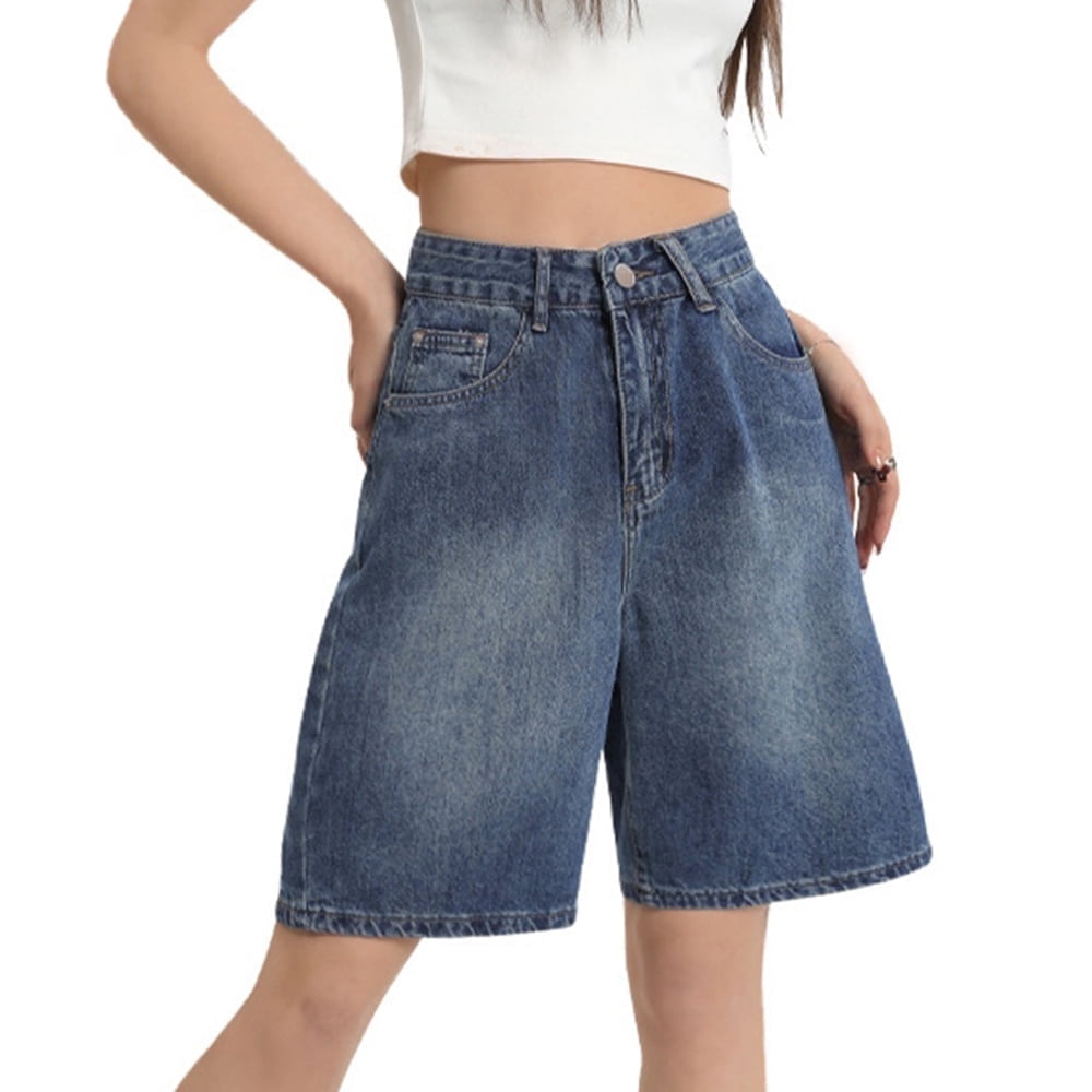 EMMIOL Women's Denim Shorts Baggy Jean Shorts with Mid Waist Y2K Streetwear Fall Long Shorts