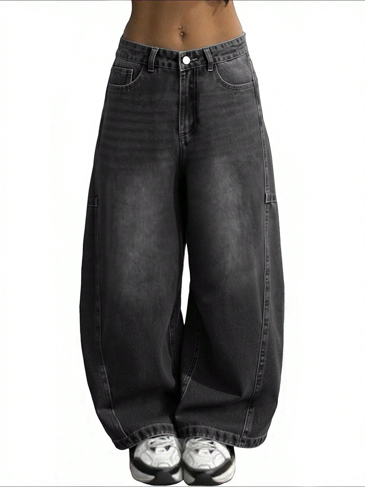 EMMIOL Women Hip Hop Baggy Jeans Wide Leg Mid-Low Waist Jeans Loose Boyfriends Jeans 90s Vintage Denim Pants Barrel Jeans