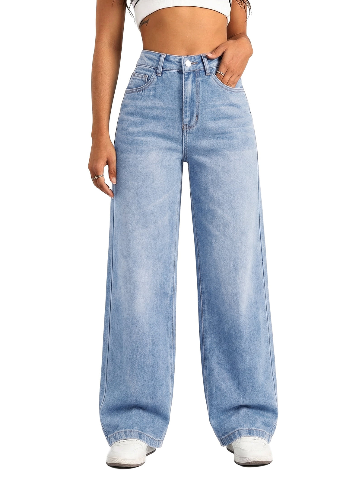 EMMIOL Women's Wide Leg Baggy Jeans Mid Rise Butt Lifting Stretchy Denim Pants Back Patchwork Boyfriend Jeans