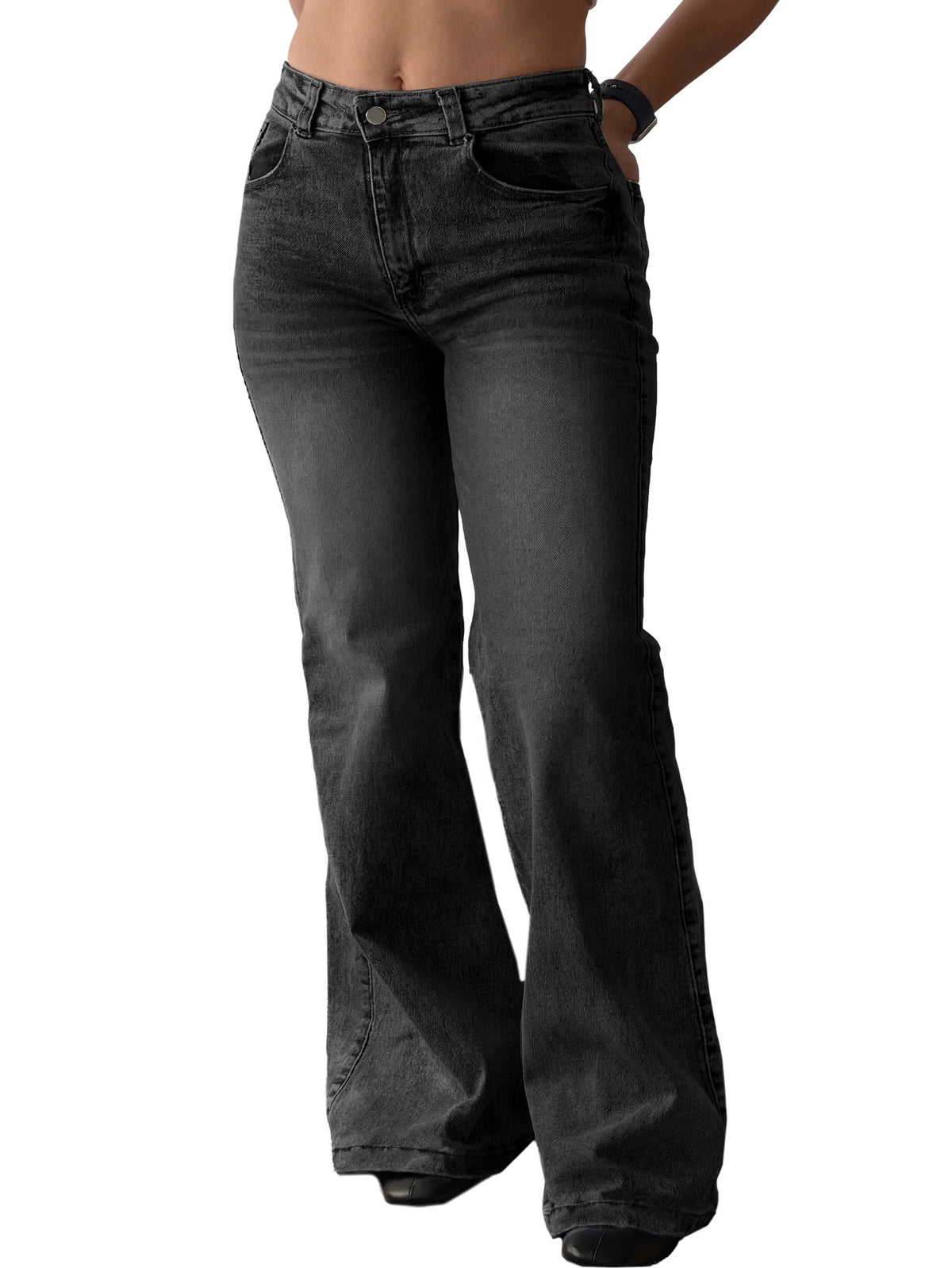 EMMIOL Women's High Waist Slim Fit Flare Jeans Y2K 90s Bell Bottoms Vintage Washed Denim for Casual,Streetwear