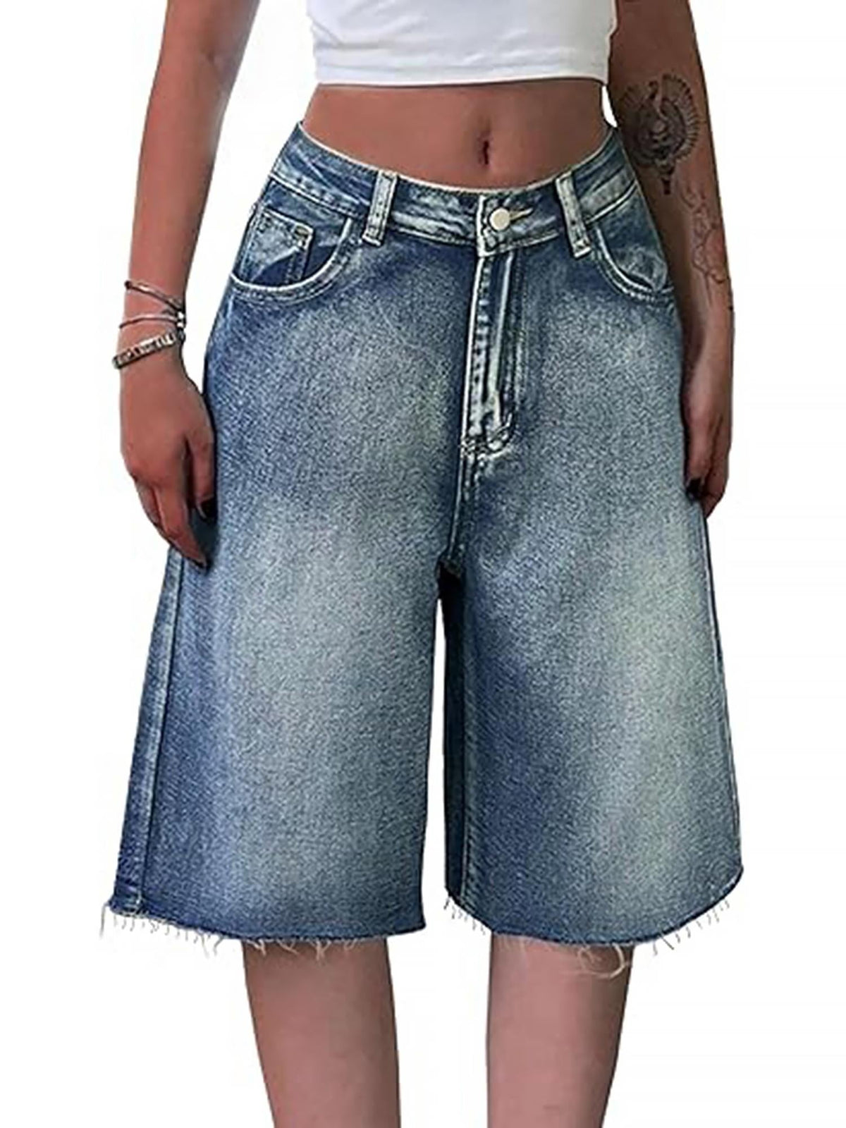 EMMIOL Women's Denim Shorts Y2K Vintage Jean Shorts Distressed Jorts Mid Waist Baggy Fall Streetwear