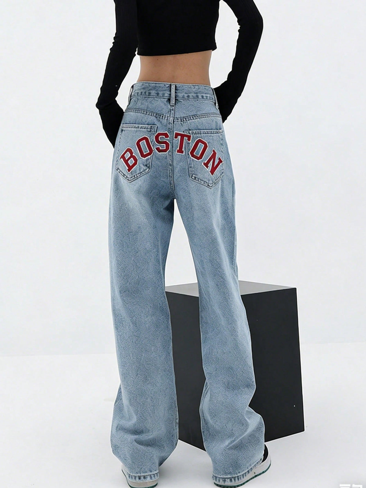 EMMIOL Women's BOSTON Letter Print Baggy Boyfriend Jeans, High Rise Dark Wash Wide Leg Vintage Y2K Denim Pants Suitable for Independence Day