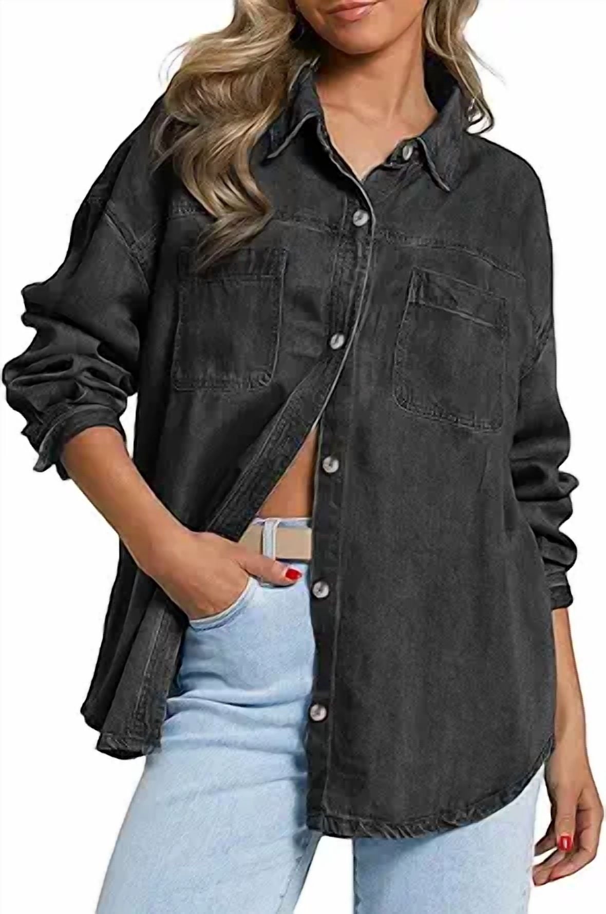 EMMIOL Women's Oversized 100% Cotton Denim Shirt Long Sleeve Button-Down Blouse with Pockets Casual Western Style