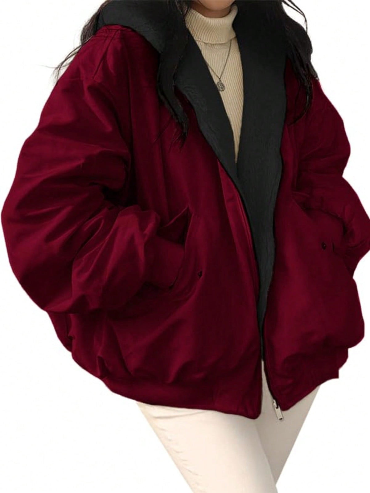 EMMIOL Christmas Women's Y2K Reversible Oversize Fleece Hooded Jacket Sherpa Lined Long Sleeve Zip-Up Puffer Jacket,2025 Winter Warm Coat