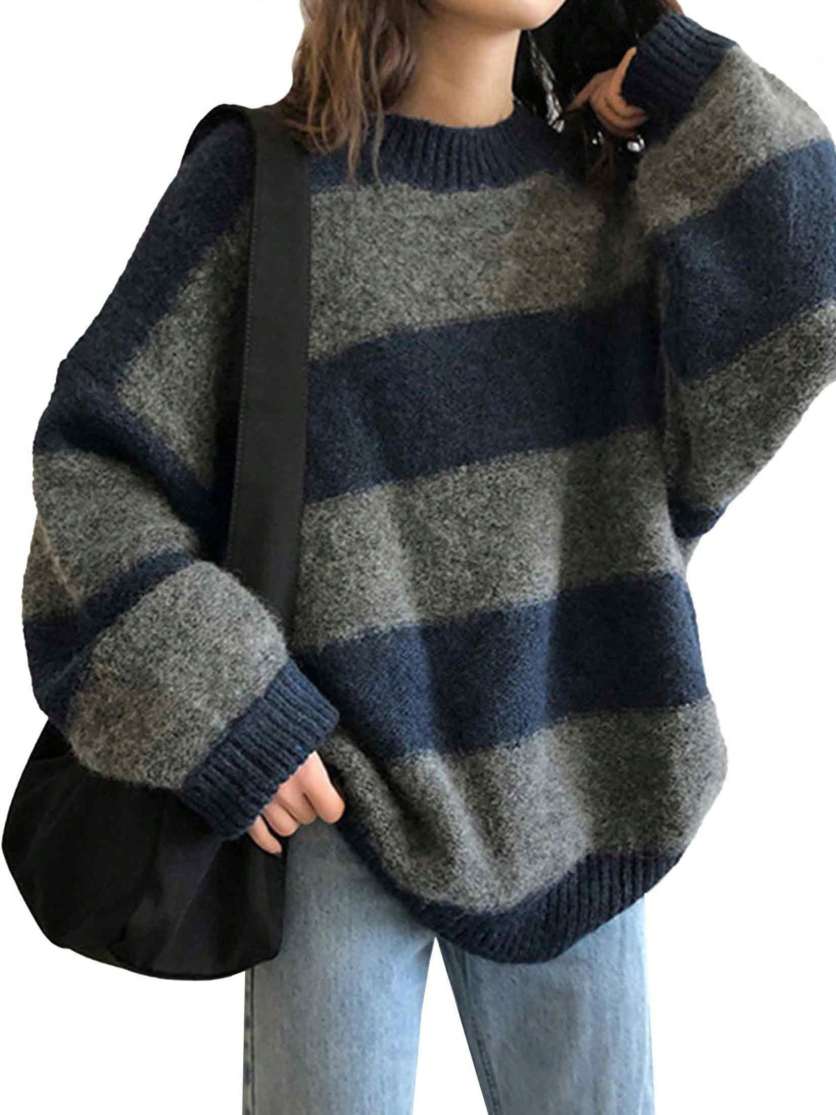 EMMIOL Women's Oversized Stripe Sweater 2026 Spring Y2K Trendy Crewneck Knit Top,Loose Fit Long Sleeve Pullover