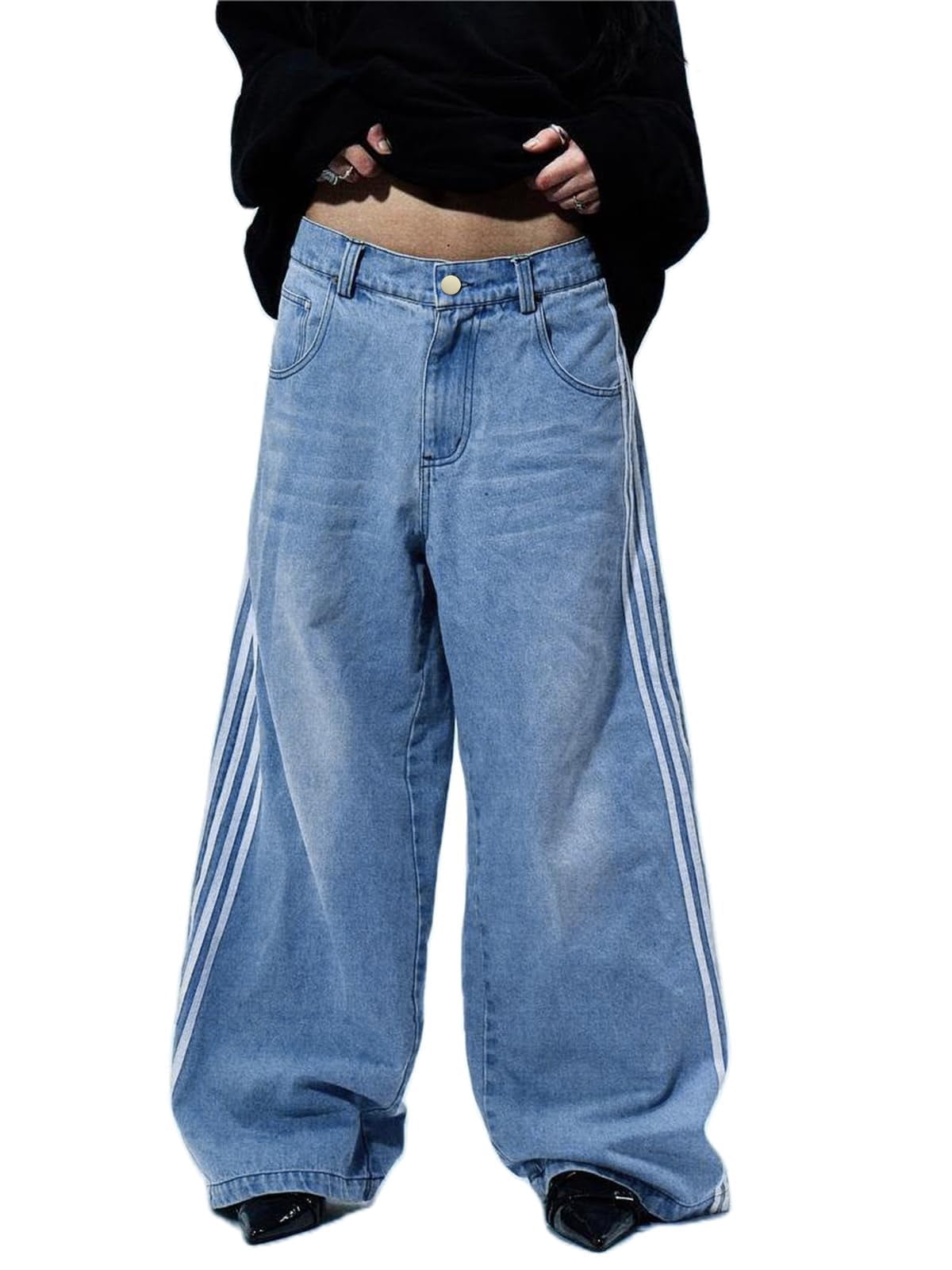 EMMIOL Men's Y2K Baggy Jeans Wide Leg Stretchy Denim Pants, Skater Striped Oversized Streetwear Casual Trousers