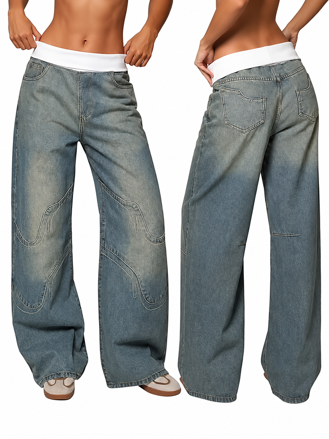 EMMIOL Women's Y2K Vintage High-Waisted Baggy Wide-Leg Jeans Contrast Wave Stitching Washed Denim Pants Streetwear