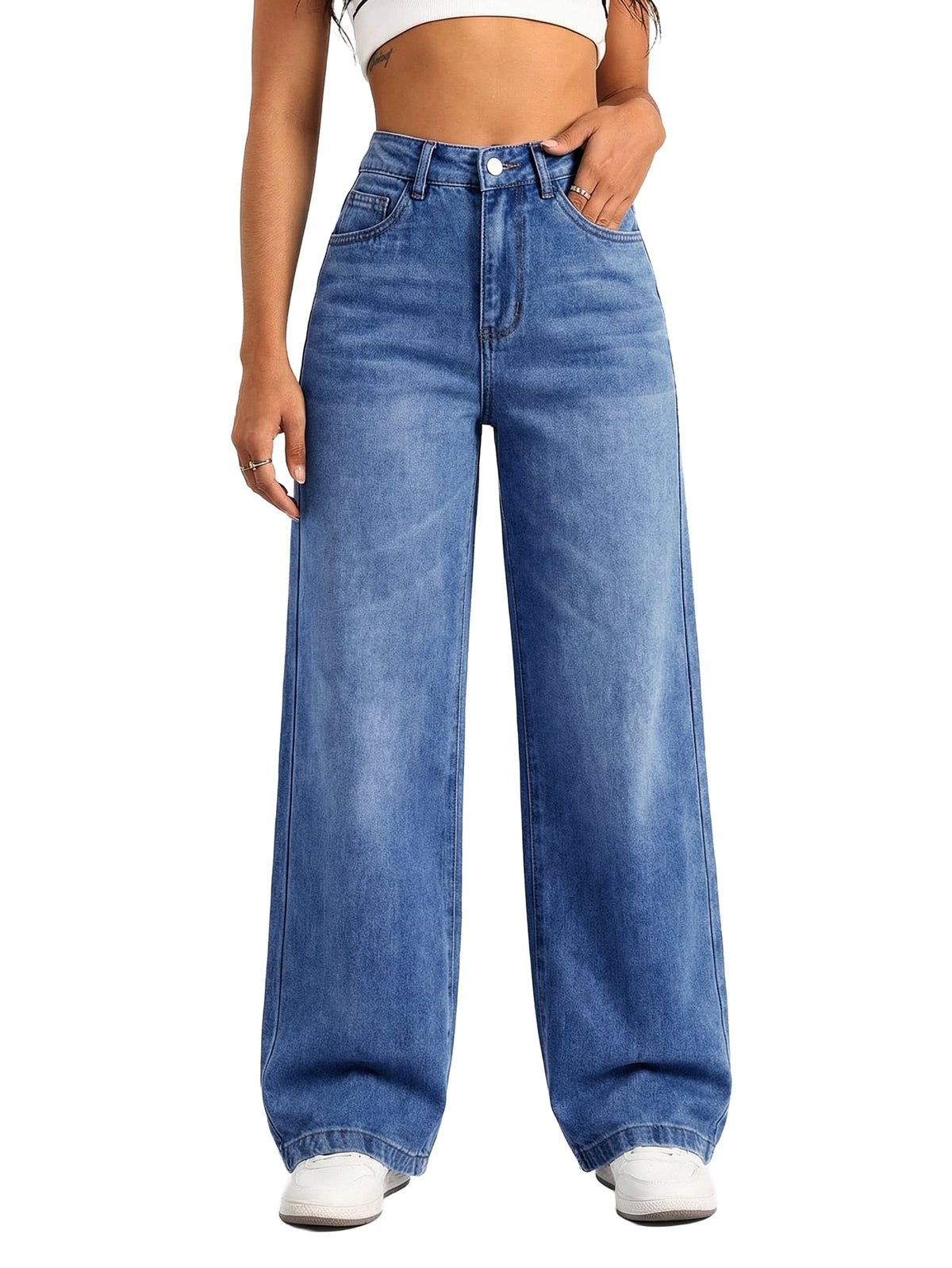EMMIOL Women's Wide Leg Baggy Jeans Mid Rise Butt Lifting Stretchy Denim Pants Back Patchwork Boyfriend Jeans