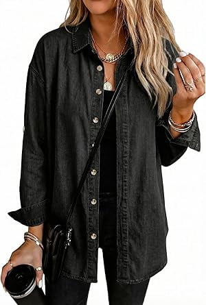 EMMIOL Women's Denim Shirt Long Sleeve Button Down Blouse Hidden Button Relaxed Fit Casual Versatile Top