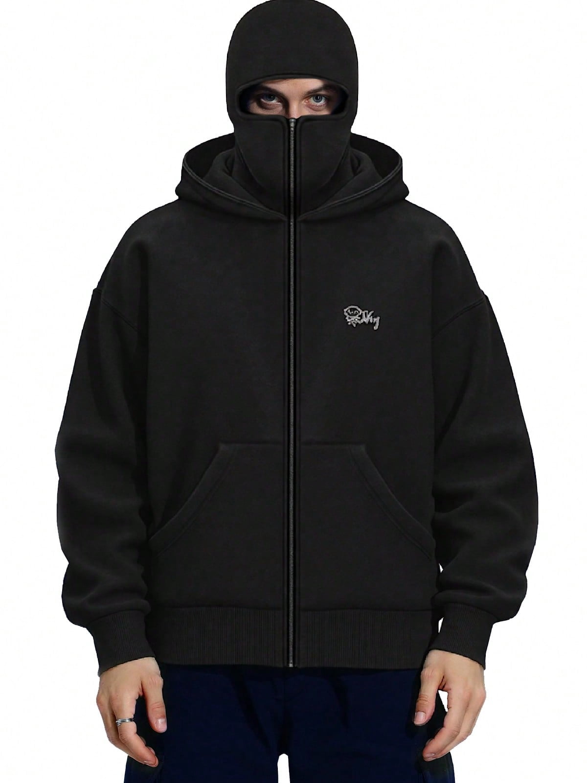 EMMIOL Men's Y2K Street Double Hat Oversized Hoodie Black Full Face Mask Zip Hoodie with Embroidery