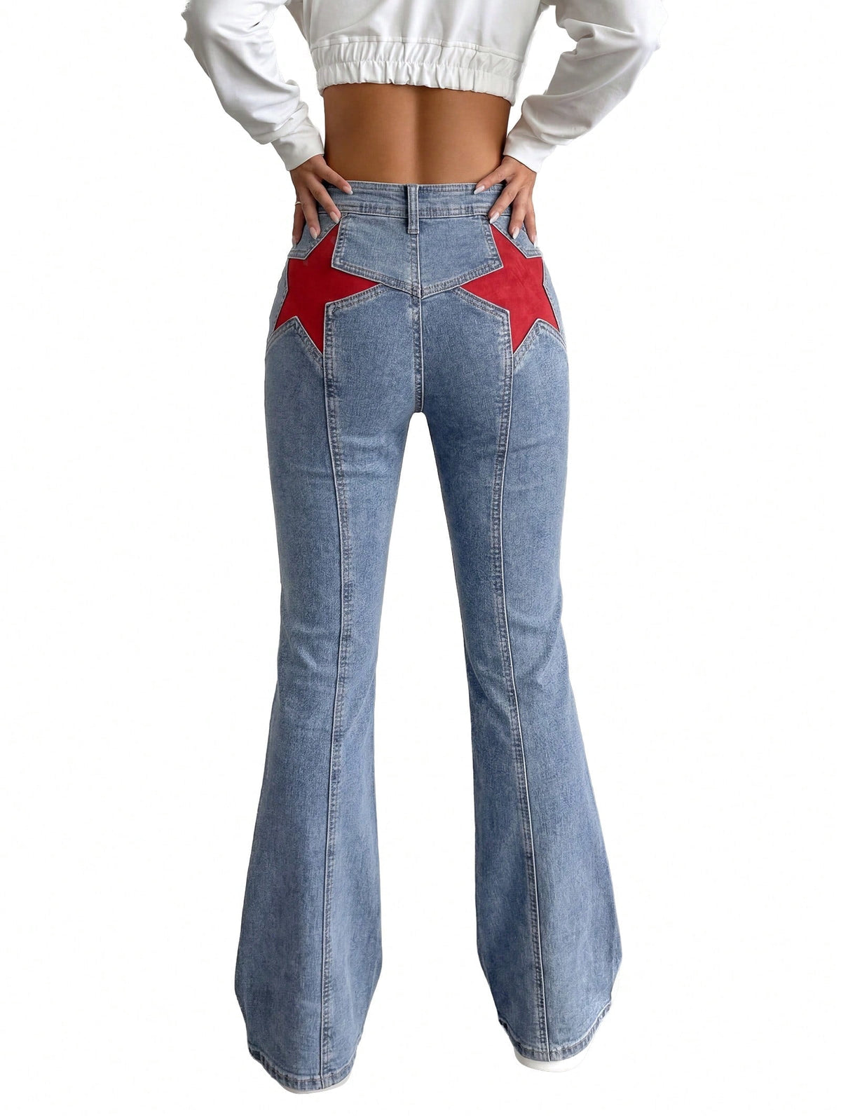 EMMIOL Women's Y2K High Waist Flare Jeans,Vintage American Red Star Print Distressed Stretch Bootcut Denim Pants,Retro 90s Bell Bottoms Suitable for Independence Day