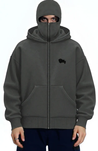 EMMIOL Men's Y2K Street Double Hat Oversized Hoodie Black Full Face Mask Zip Hoodie with Embroidery