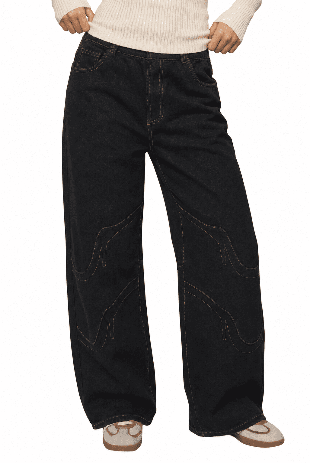 EMMIOL Women's Y2K Vintage High-Waisted Baggy Wide-Leg Jeans Contrast Wave Stitching Washed Denim Pants Streetwear