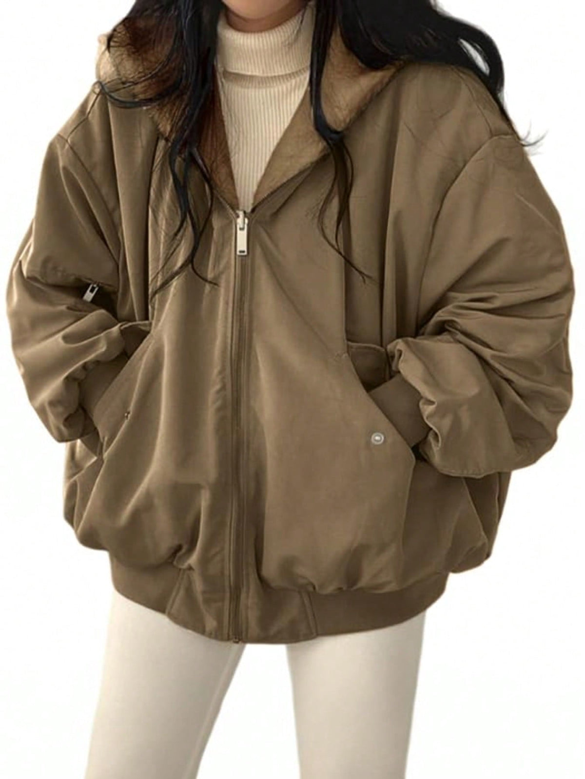 EMMIOL Christmas Women's Y2K Reversible Oversize Fleece Hooded Jacket Sherpa Lined Long Sleeve Zip-Up Puffer Jacket,2025 Winter Warm Coat
