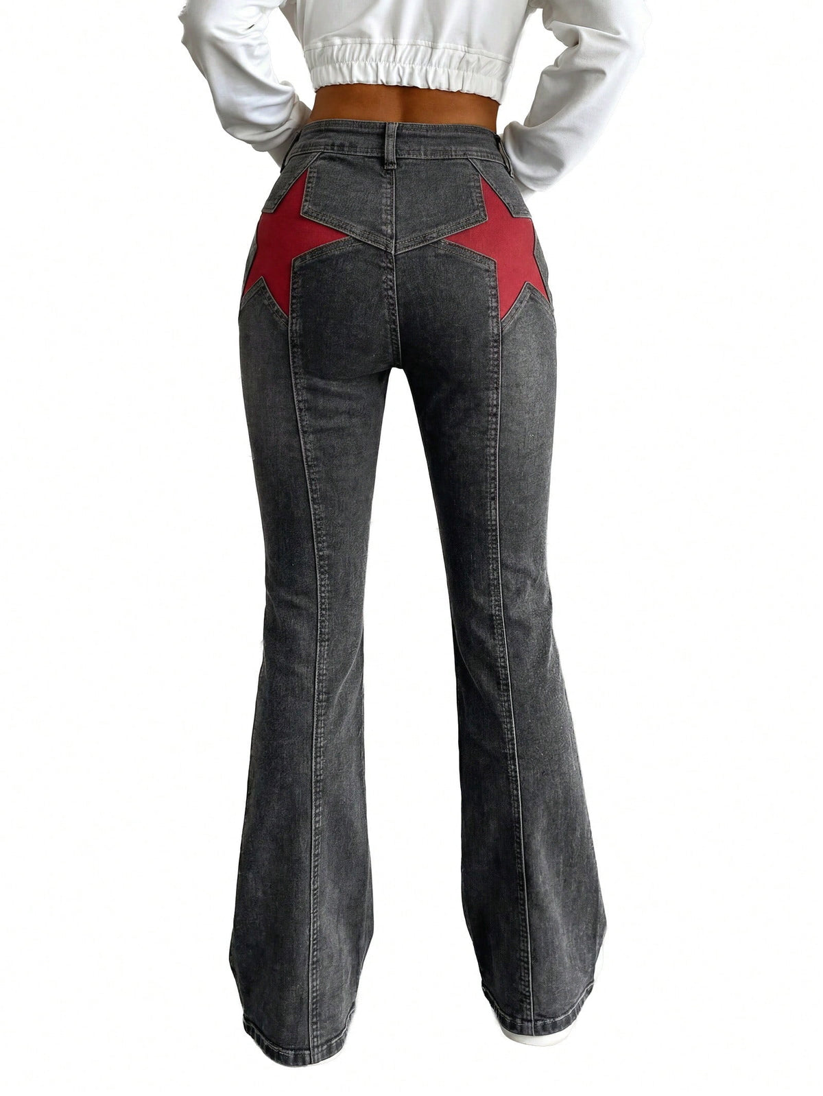EMMIOL Women's Y2K High Waist Flare Jeans,Vintage American Red Star Print Distressed Stretch Bootcut Denim Pants,Retro 90s Bell Bottoms Suitable for Independence Day