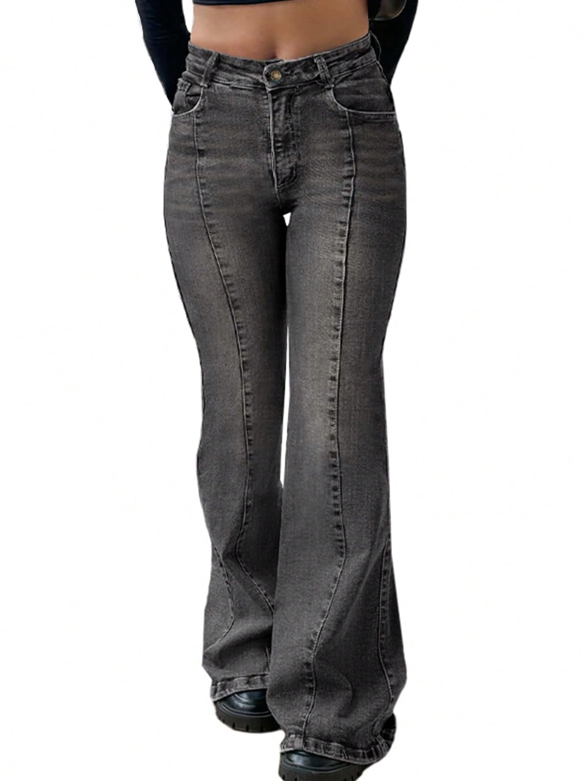 EMMIOL Women's Mid-High Waist Stretchy Flare Bell Bottoms Jeans Y2K Vintage Washed Bootcut Denim Pants for Casual,Streetwear