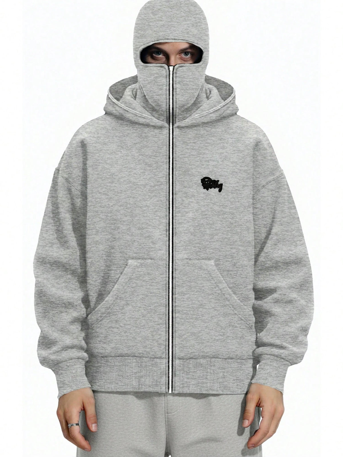 EMMIOL Men's Y2K Street Double Hat Oversized Hoodie Black Full Face Mask Zip Hoodie with Embroidery
