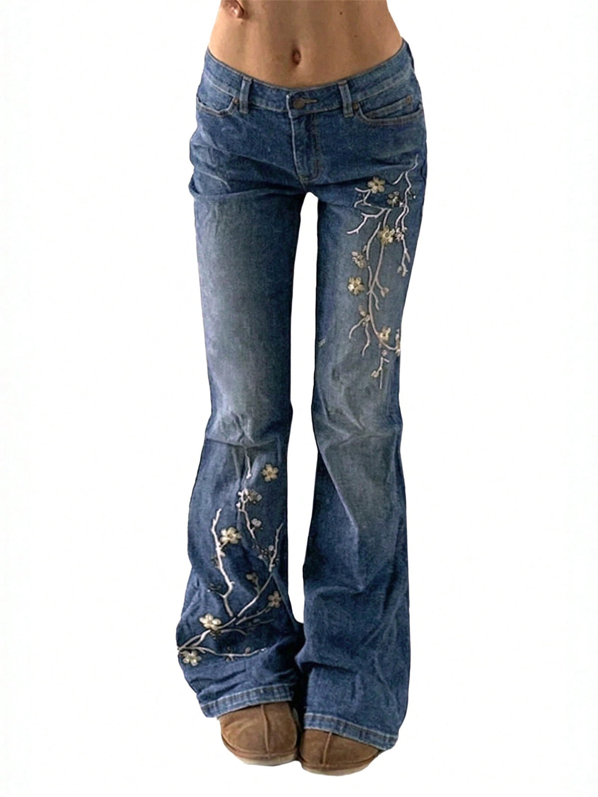 EMMIOL Women's Mid-Rise Stretchy Flare Bell Bottom Jeans Vintage 90s Y2K Floral Embroidery Denim Pants