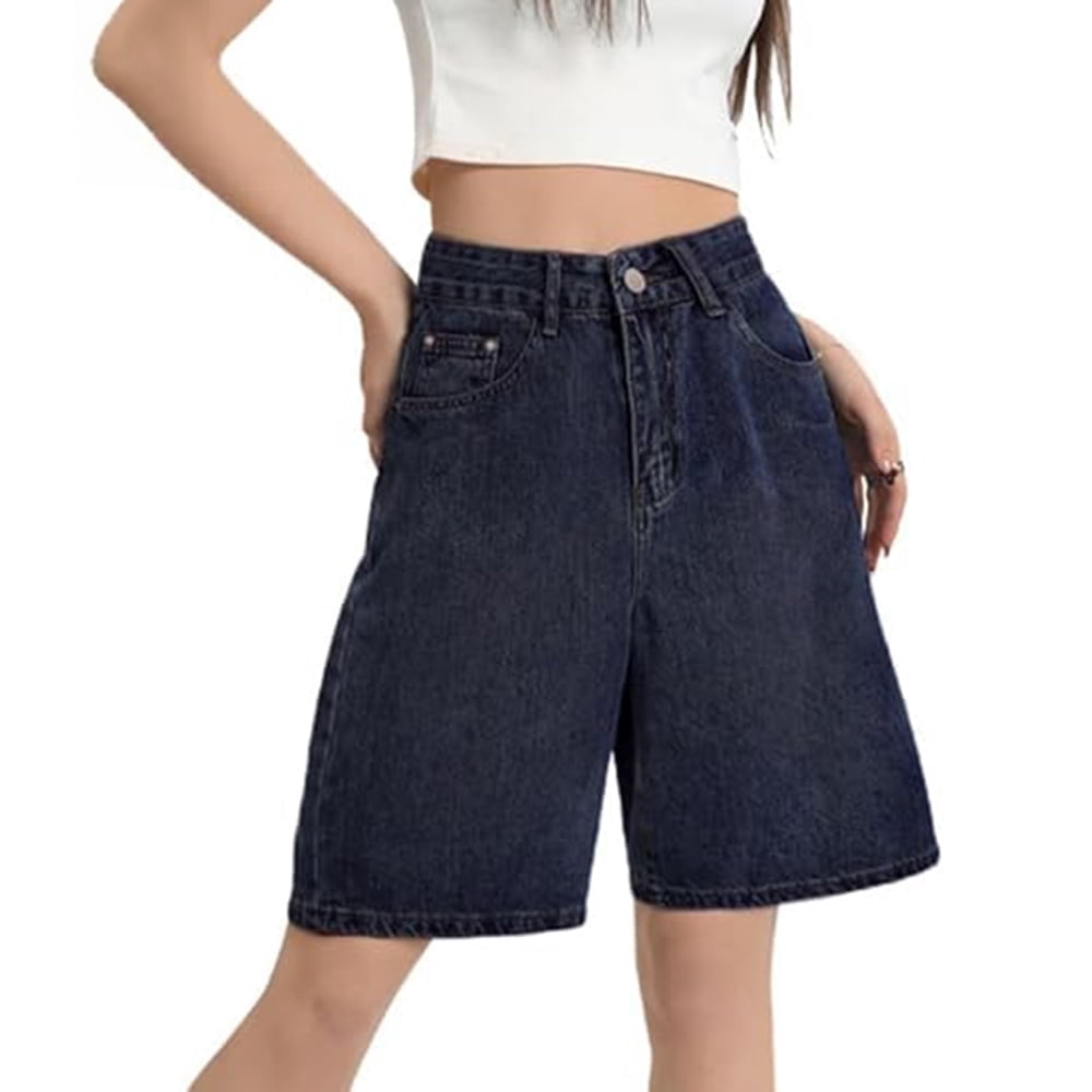 EMMIOL Women's Denim Shorts Baggy Jean Shorts with Mid Waist Y2K Streetwear Fall Long Shorts